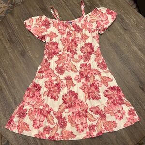 Old Navy Floral Tiered Dress Kids L 10-12 Pink Cold Shoulder Boho Tropical